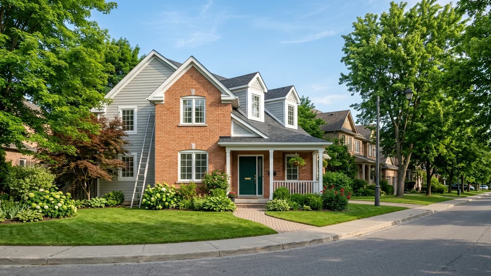 A two-storey GTA home with fresh exterior paint on a mild, sunny June morning