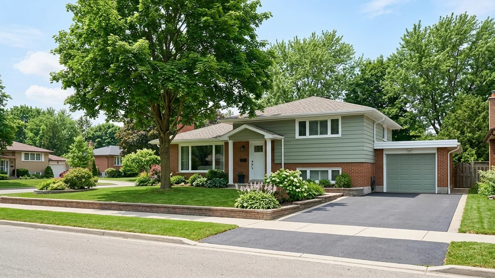 A GTA bungalow with freshly painted sage green aluminum siding and white trim