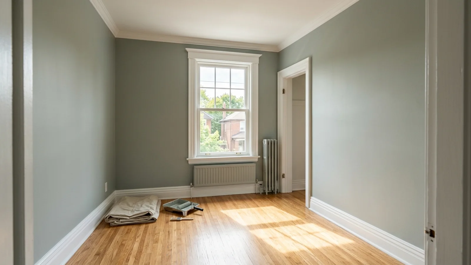Freshly painted bedroom with grey-green walls and white trim in a Toronto semi-detached home