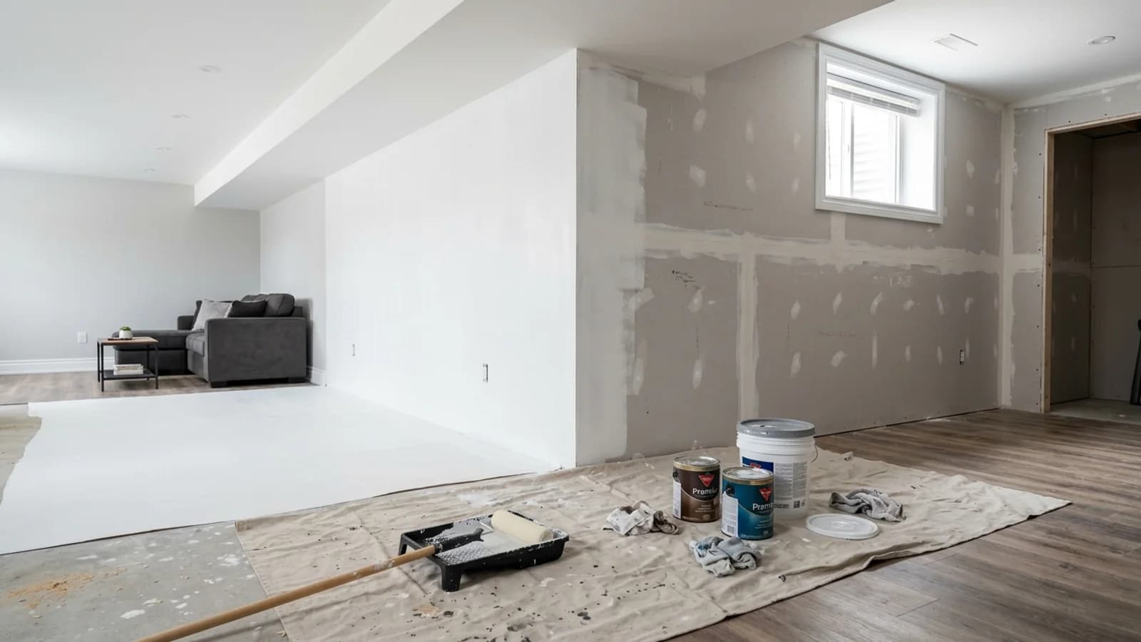 New basement drywall half coated in white primer, with the taped seams still showing on the unprimed half