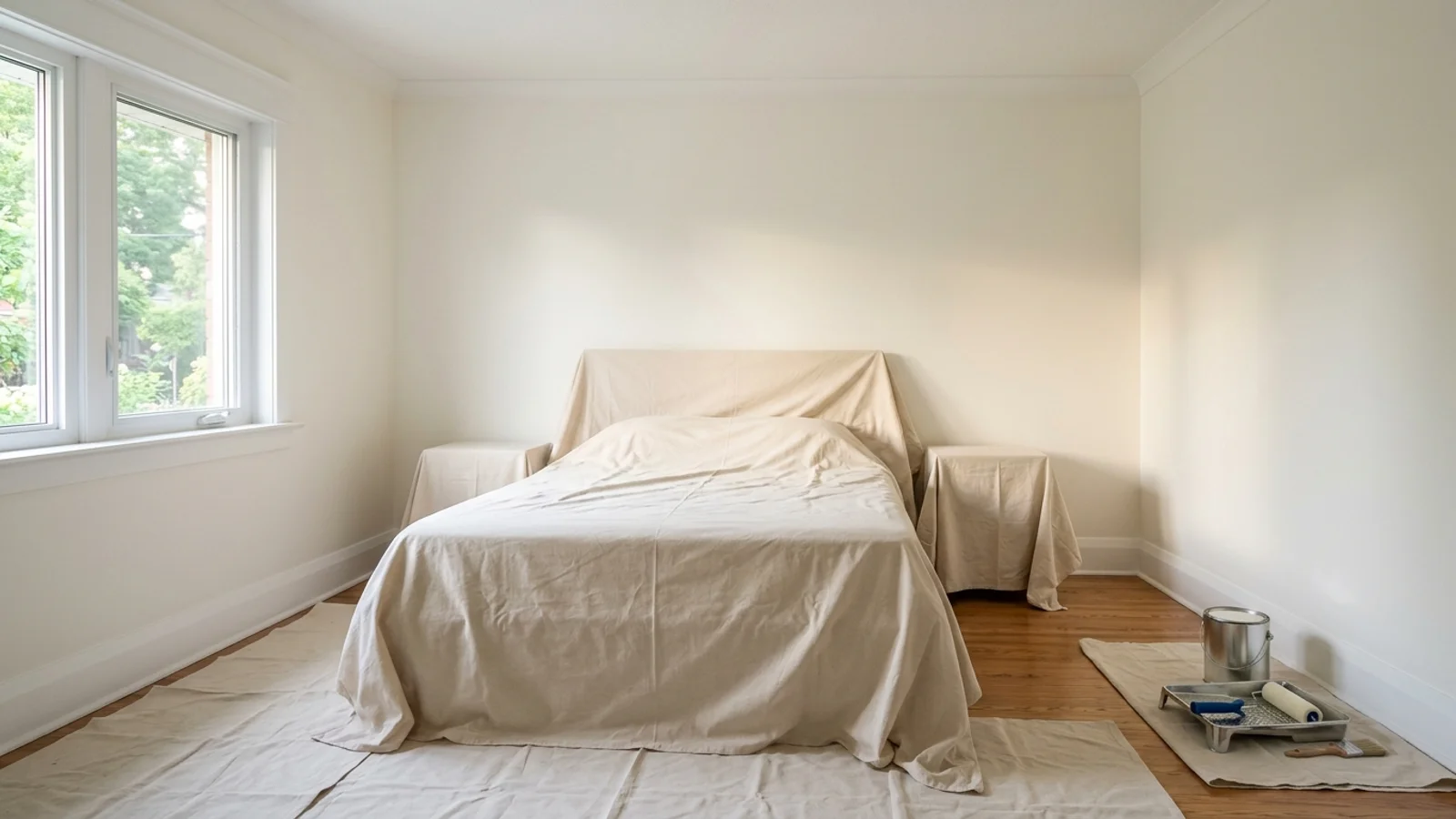 Freshly painted warm-white bedroom with furniture covered in the middle of the room
