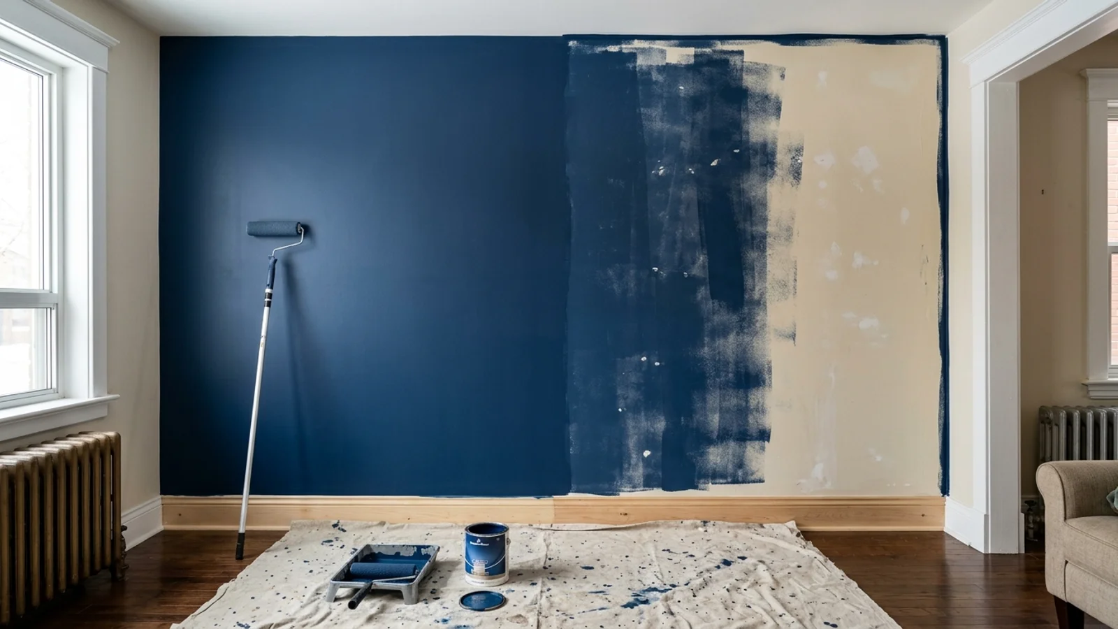 Navy wall with one patchy coat on the right and two even coats on the left