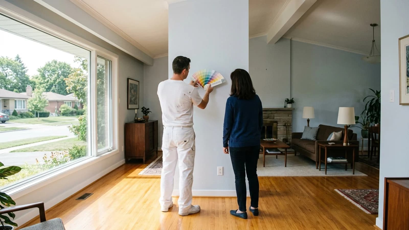 Painter and homeowner reviewing colour swatches against a living room wall during a site visit