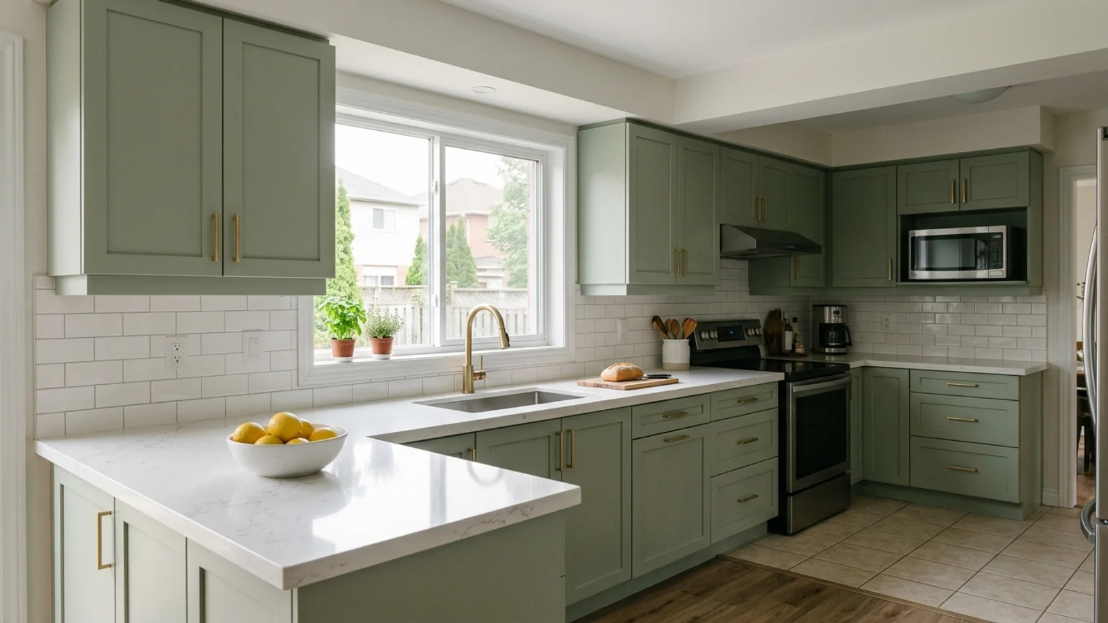 Shaker kitchen cabinets in a GTA home, freshly painted sage green with brass pulls