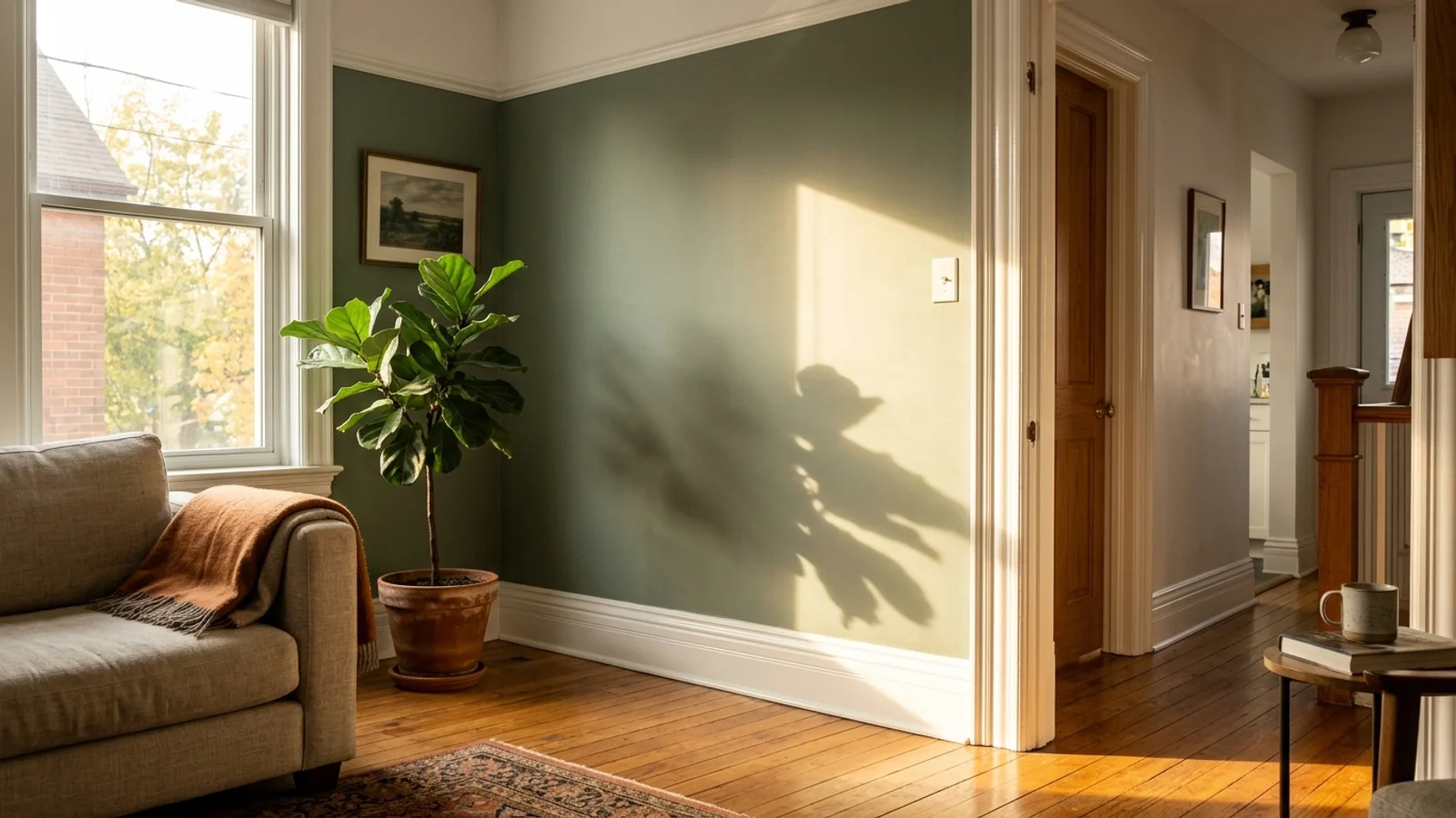 Matte sage-green living room wall beside glossy white baseboard and door trim in low afternoon sun