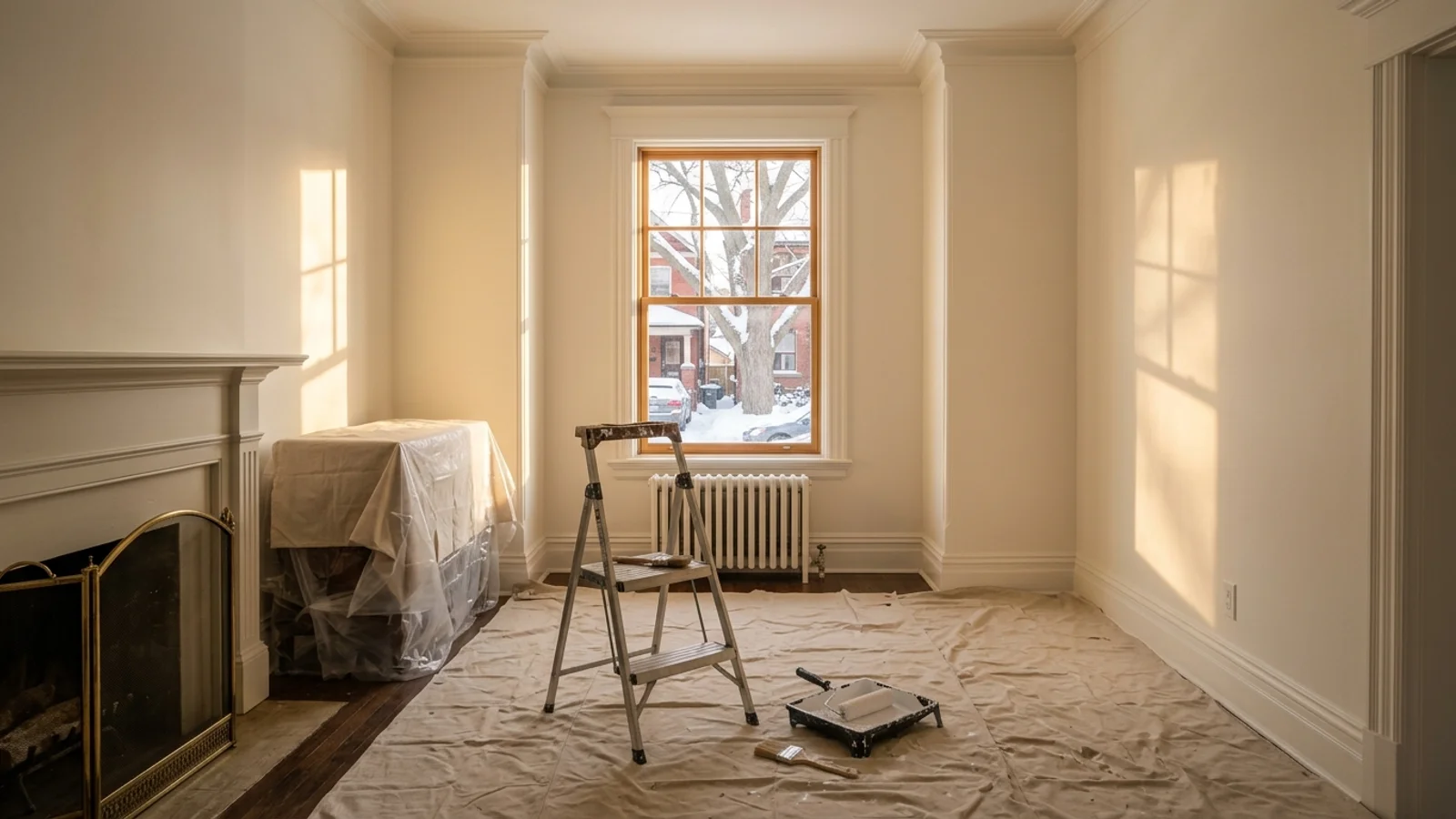 Freshly painted living room in a Toronto semi, with snow on the street outside the window