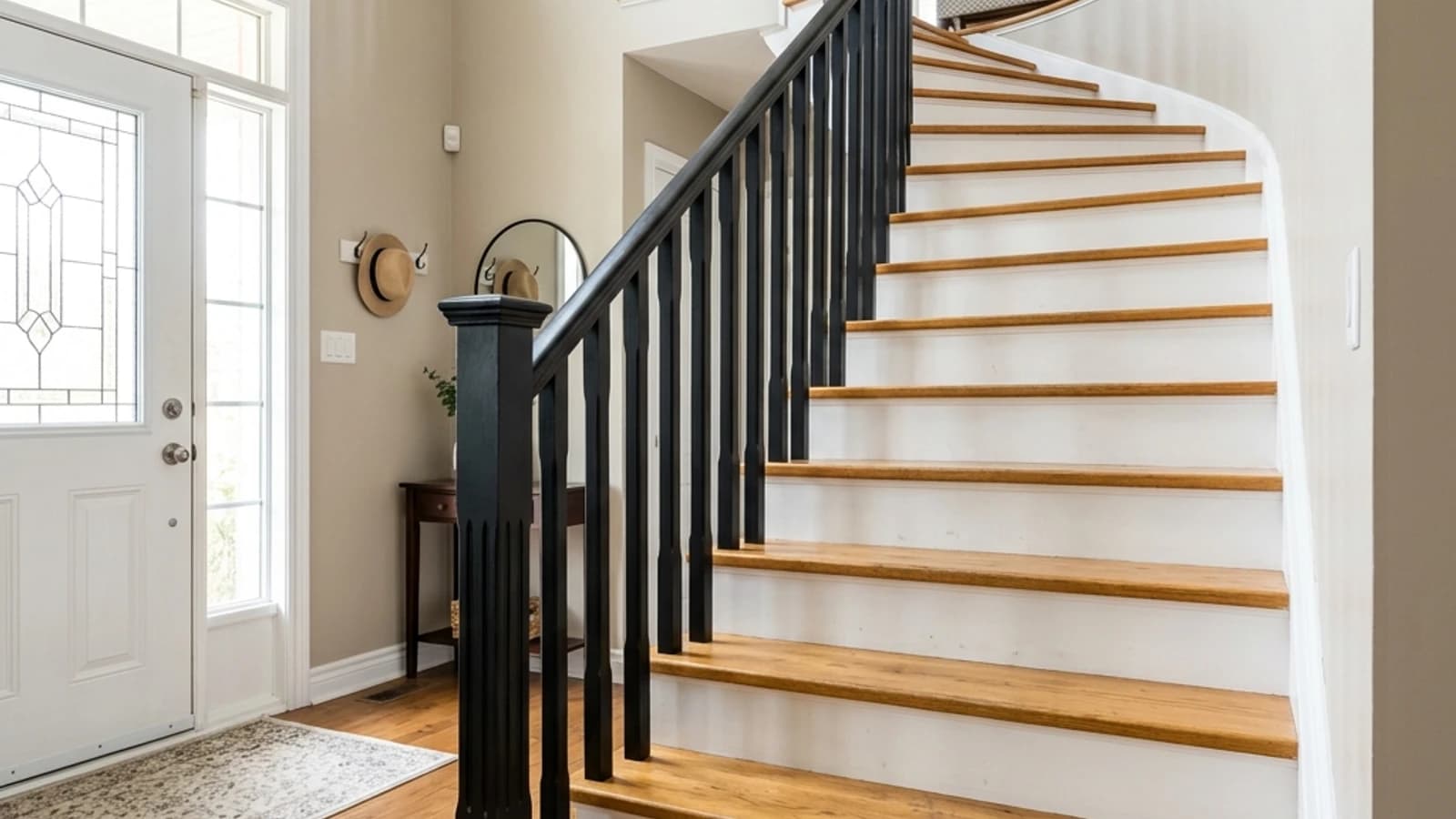Oak stair railing, newel post and spindles painted black in a GTA home
