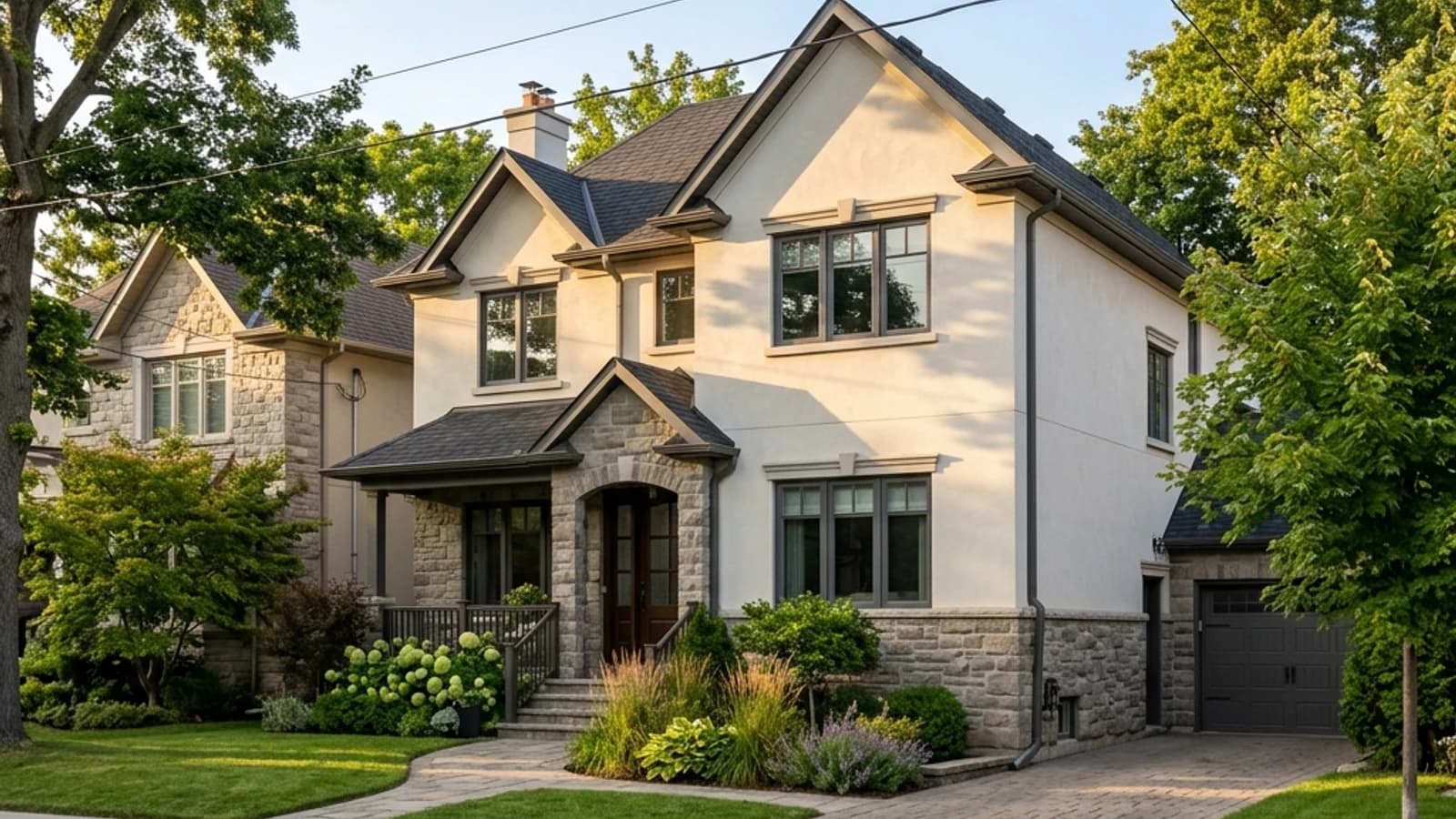 A two-storey GTA home with freshly painted off-white stucco above a stone base