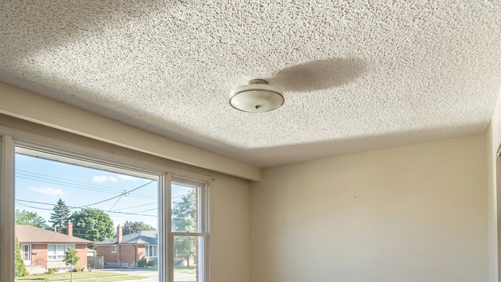Popcorn ceiling in the living room of a 1960s GTA bungalow, lit by low afternoon sun
