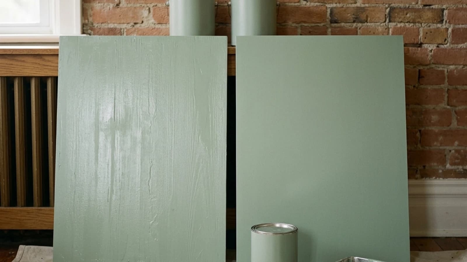 Two sage-green paint sample boards side by side, one thin and streaky, one solid and even