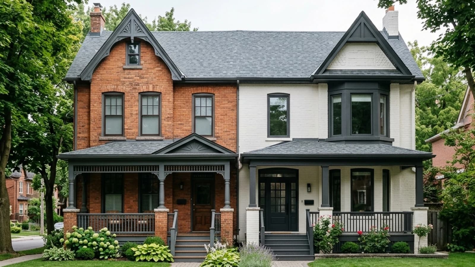 Two Toronto brick semis side by side, one natural red brick and one painted warm white