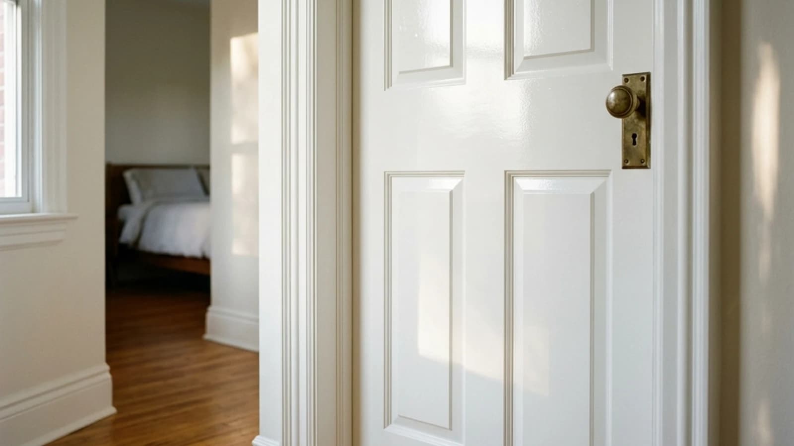 Freshly sprayed white panelled door and casing in a Toronto home