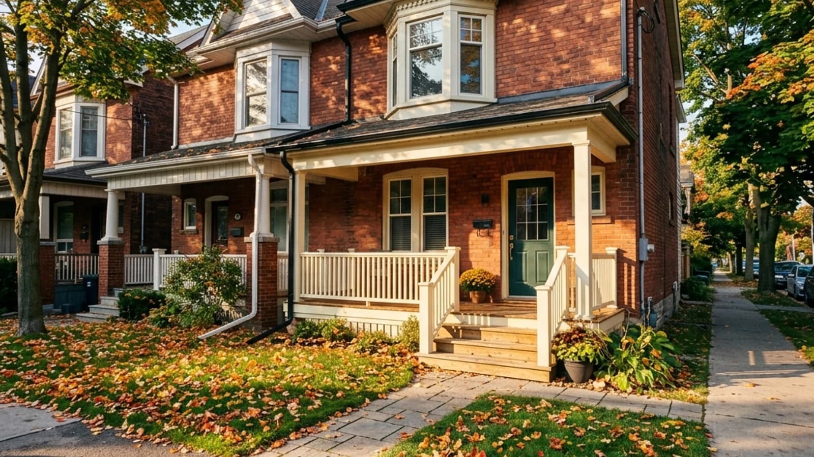 A Toronto brick semi with a painted wood porch on a cool October morning, dew still on the railing