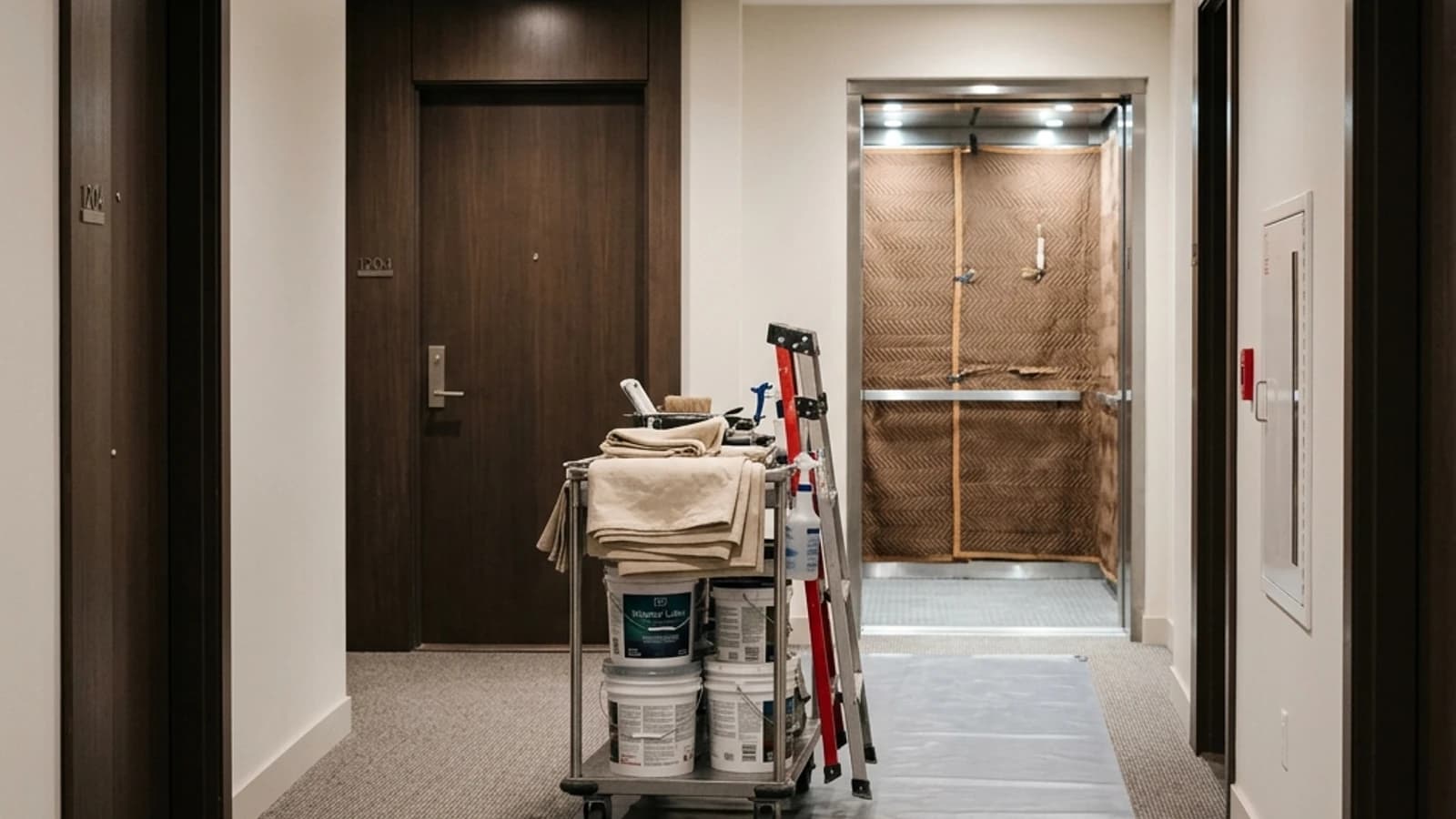 Padded service elevator and a cart of painting supplies in a Toronto condo corridor