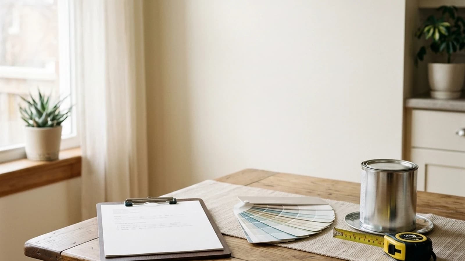Clipboard, colour swatches, tape measure and paint can on a kitchen table before a painting quote