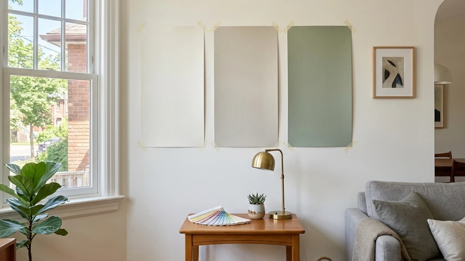 Three large paint sample boards taped side by side on a living room wall above an oak floor