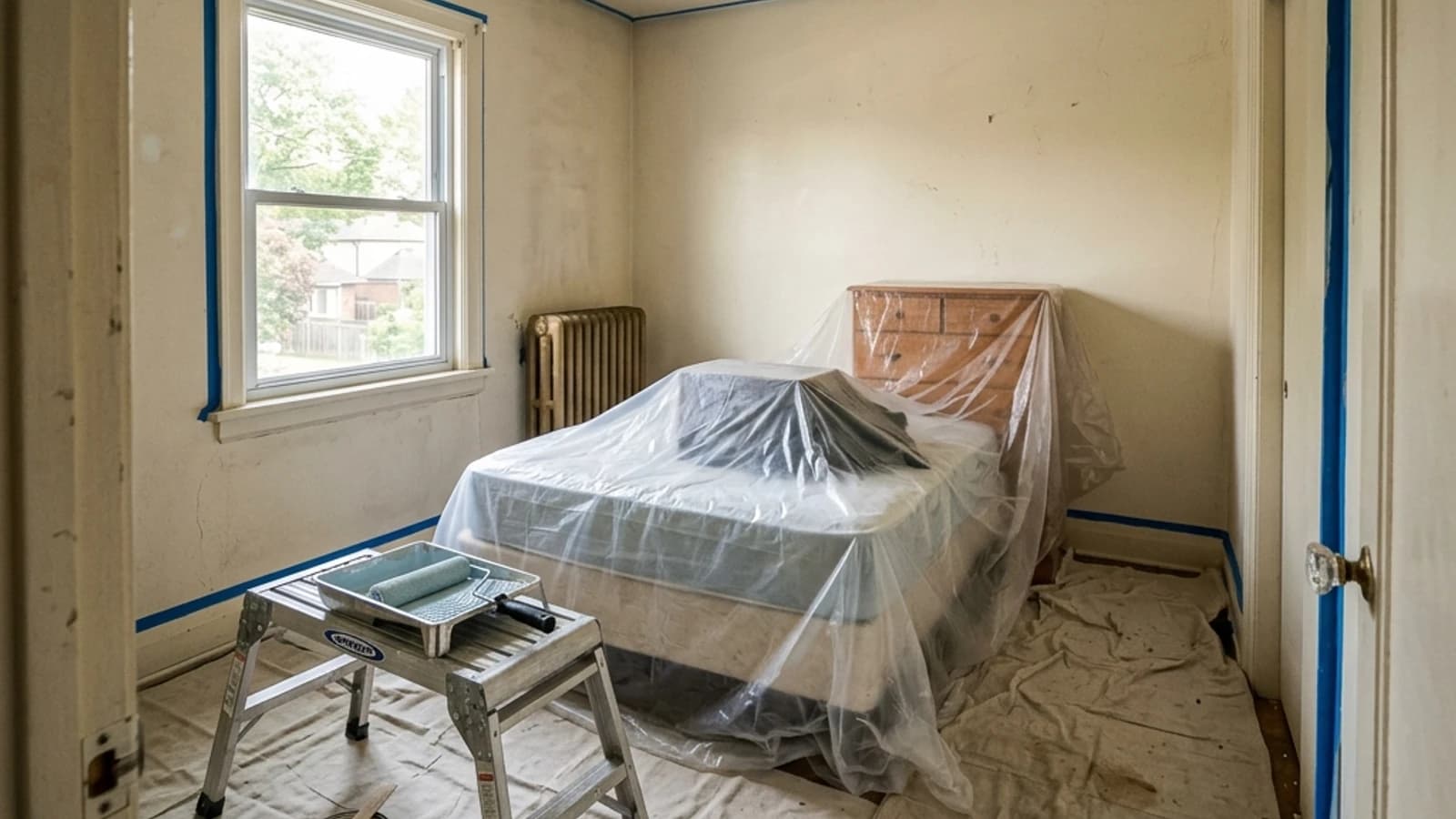 A small bedroom fully covered and taped for painting, with a stepladder and roller ready