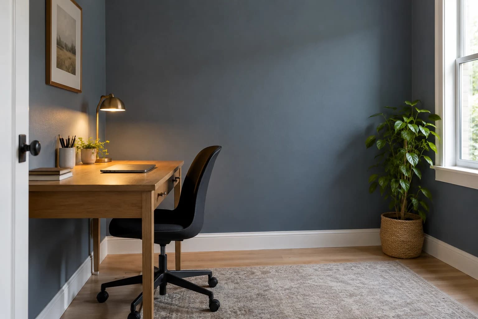 A muted blue-grey wall gives a small office definition beside white window trim.