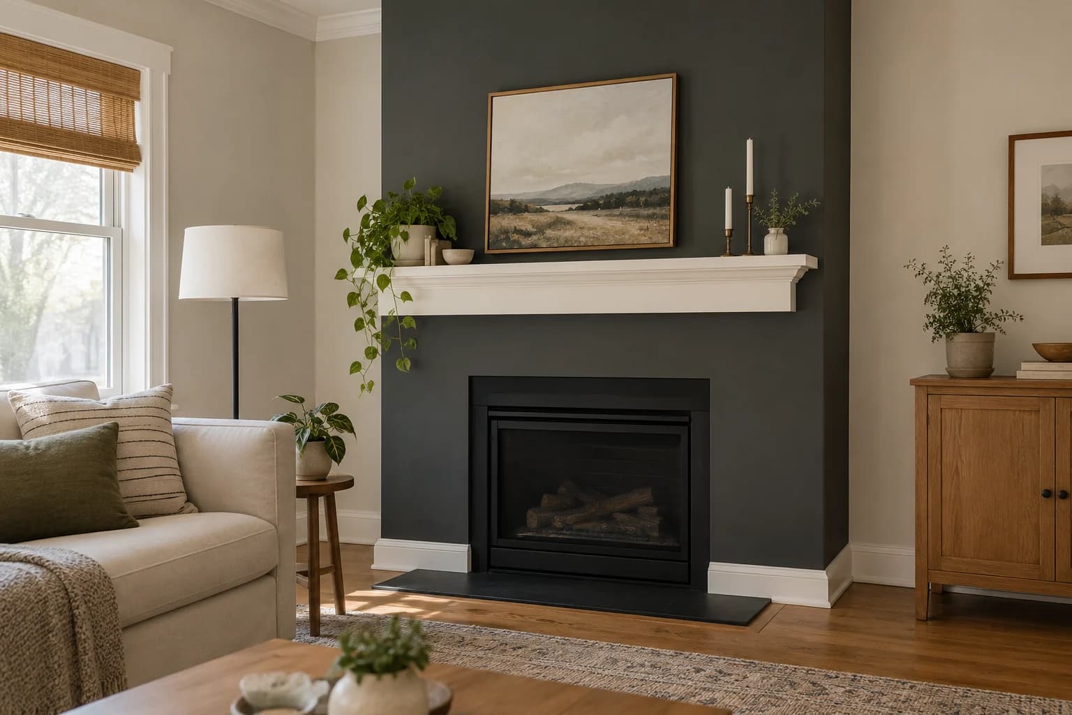 A charcoal feature wall frames a simple fireplace while the surrounding room stays light.