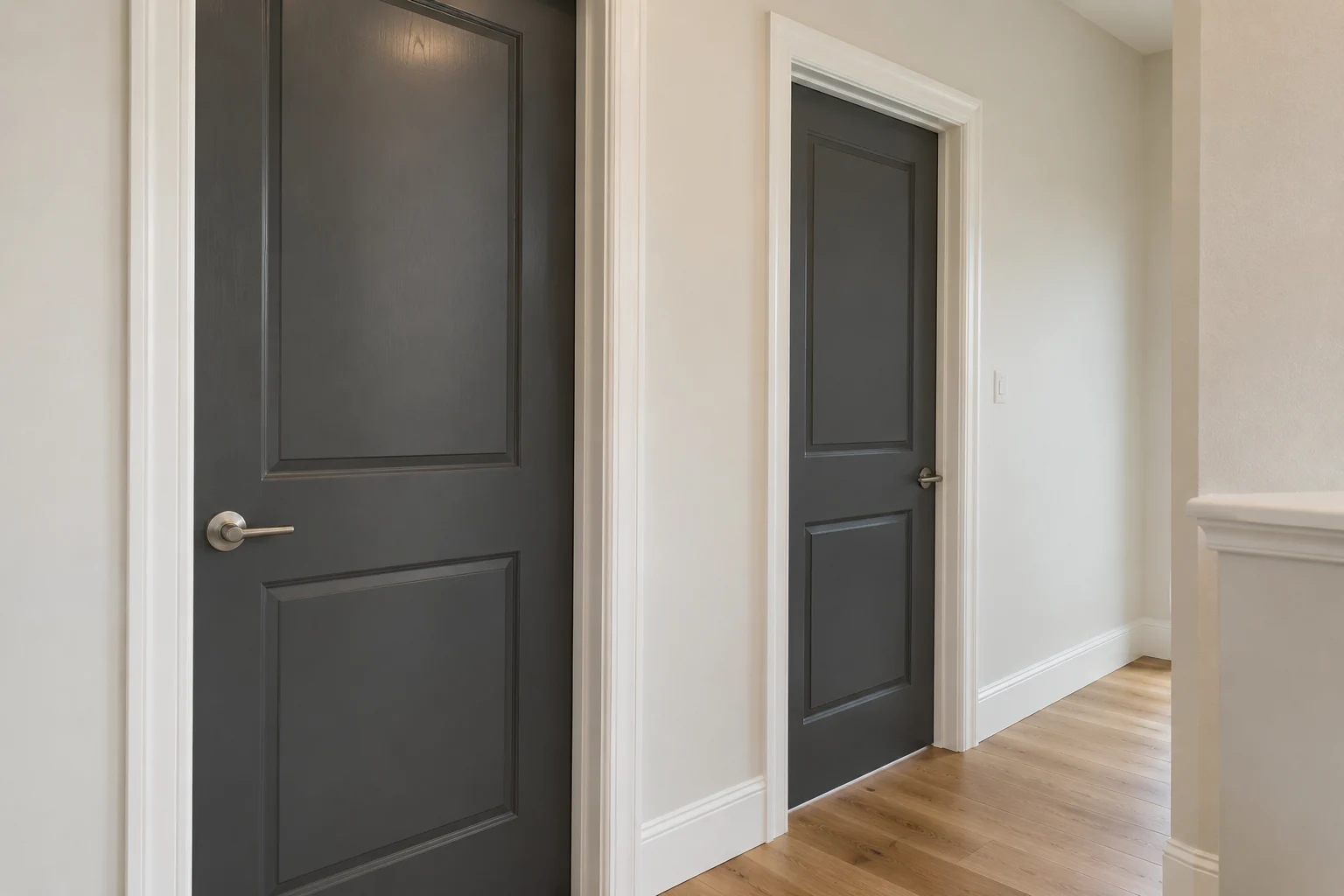 Dark painted doors add definition to a hallway framed by warm white walls.