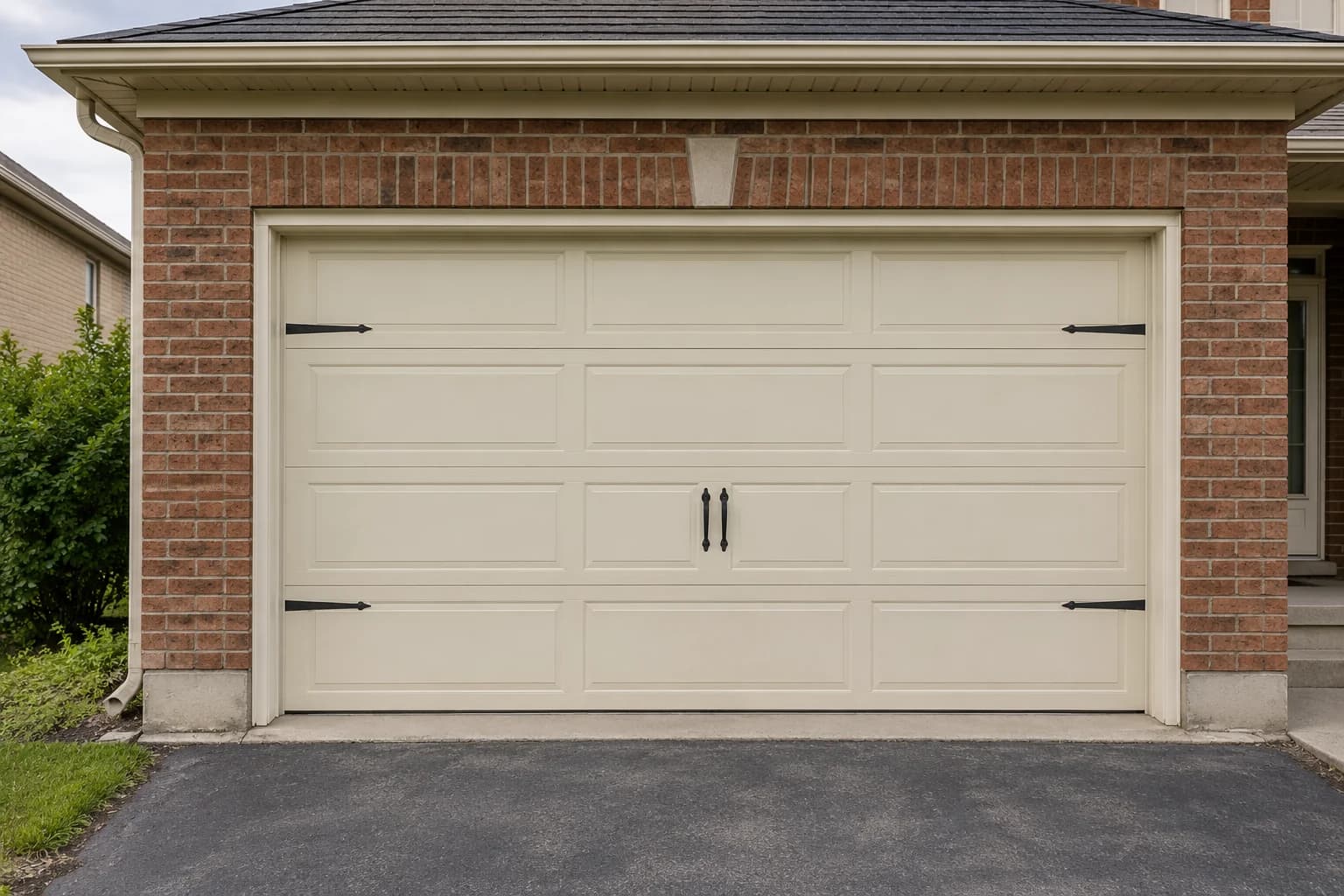 A cream-painted garage door keeps the exterior light against red-brown brick.