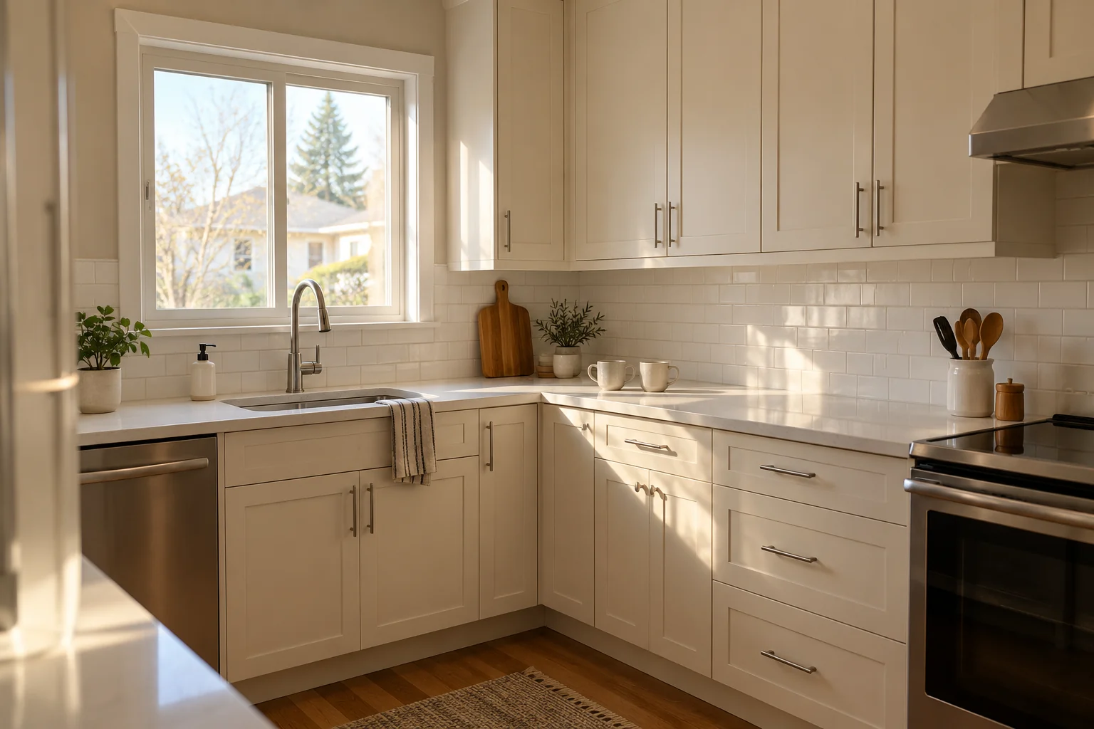 Cream-coloured doors work with a light counter and brushed metal hardware for a calm kitchen palette.