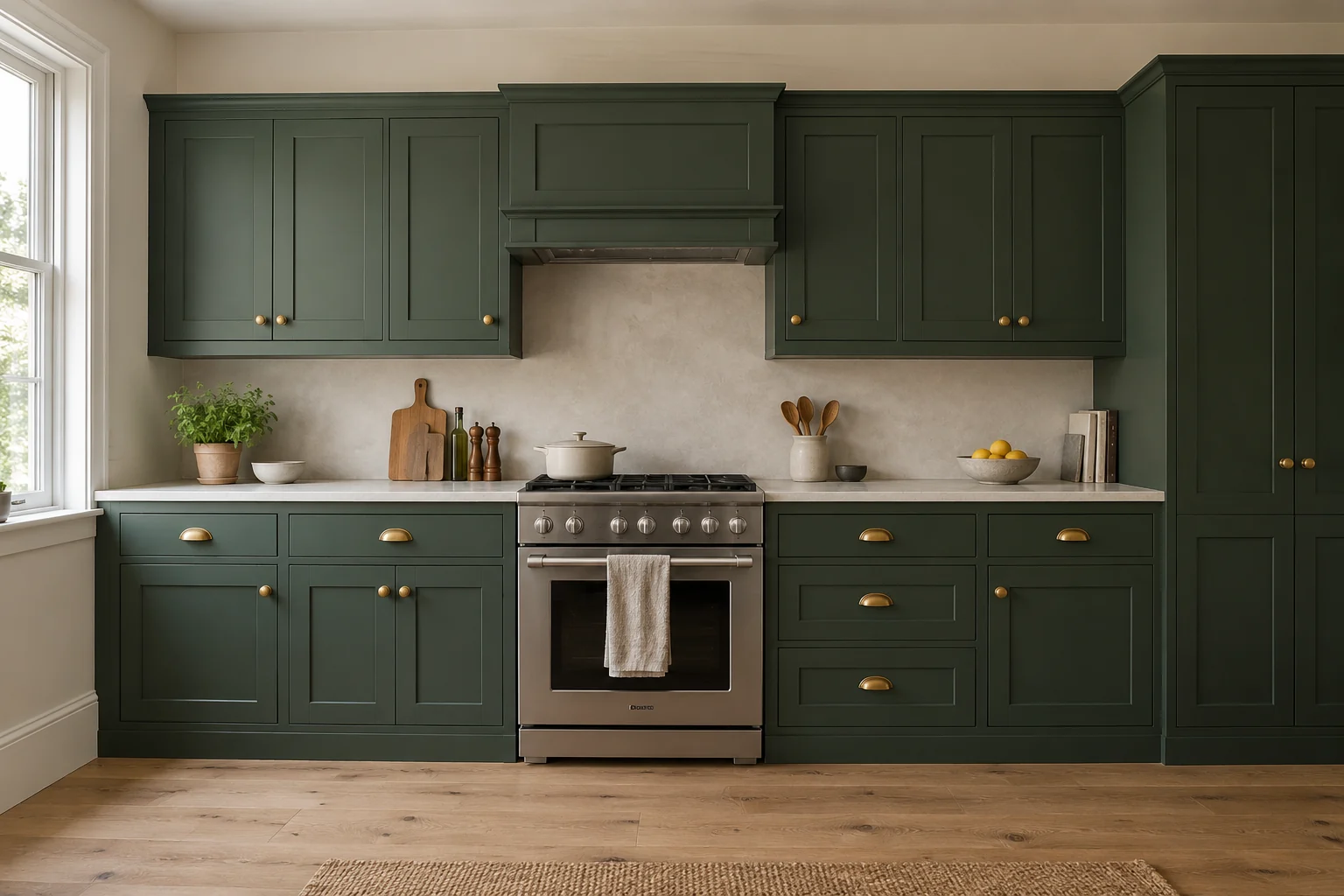 Deep green cabinet doors pair with oak flooring and a pale worktop.