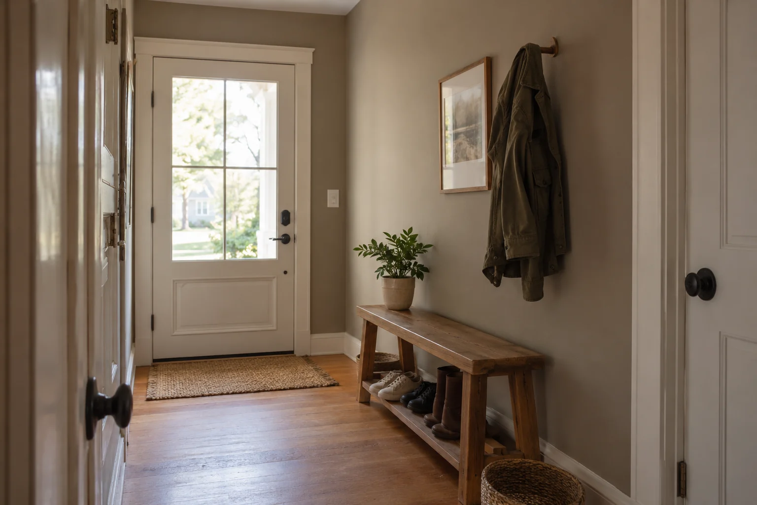 Mushroom-toned walls bring warmth to an entry with practical storage and white trim.