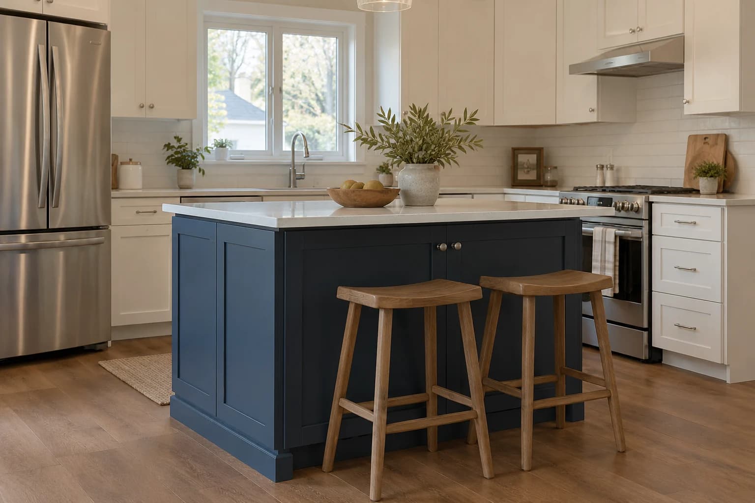 A deep blue island adds colour while the perimeter cabinets remain warm white.