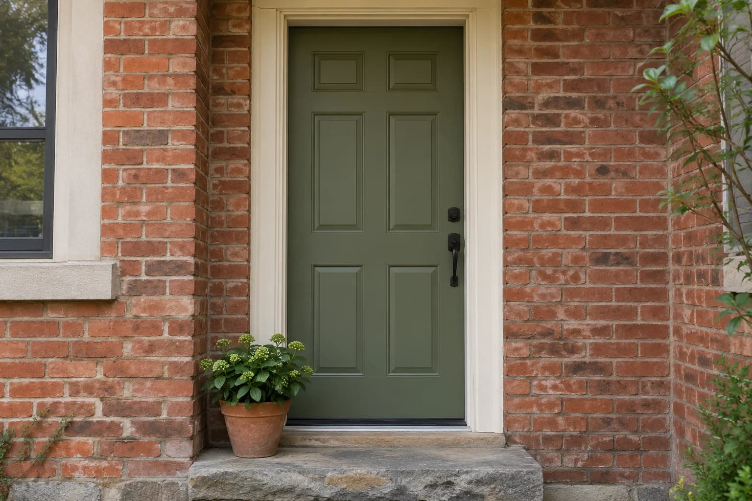 An olive door and cream trim bring a softer colour contrast to warm brick.