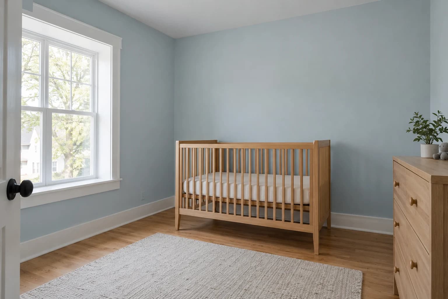 A pale blue wall colour brings a gentle contrast to simple white trim and warm timber.