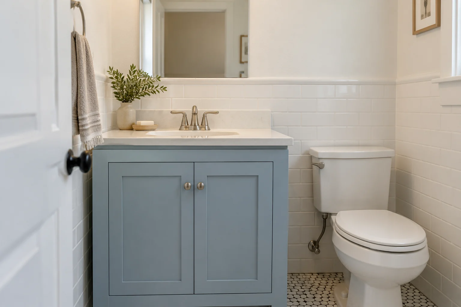 Pale blue painted doors give a small bathroom a gentle focal point.