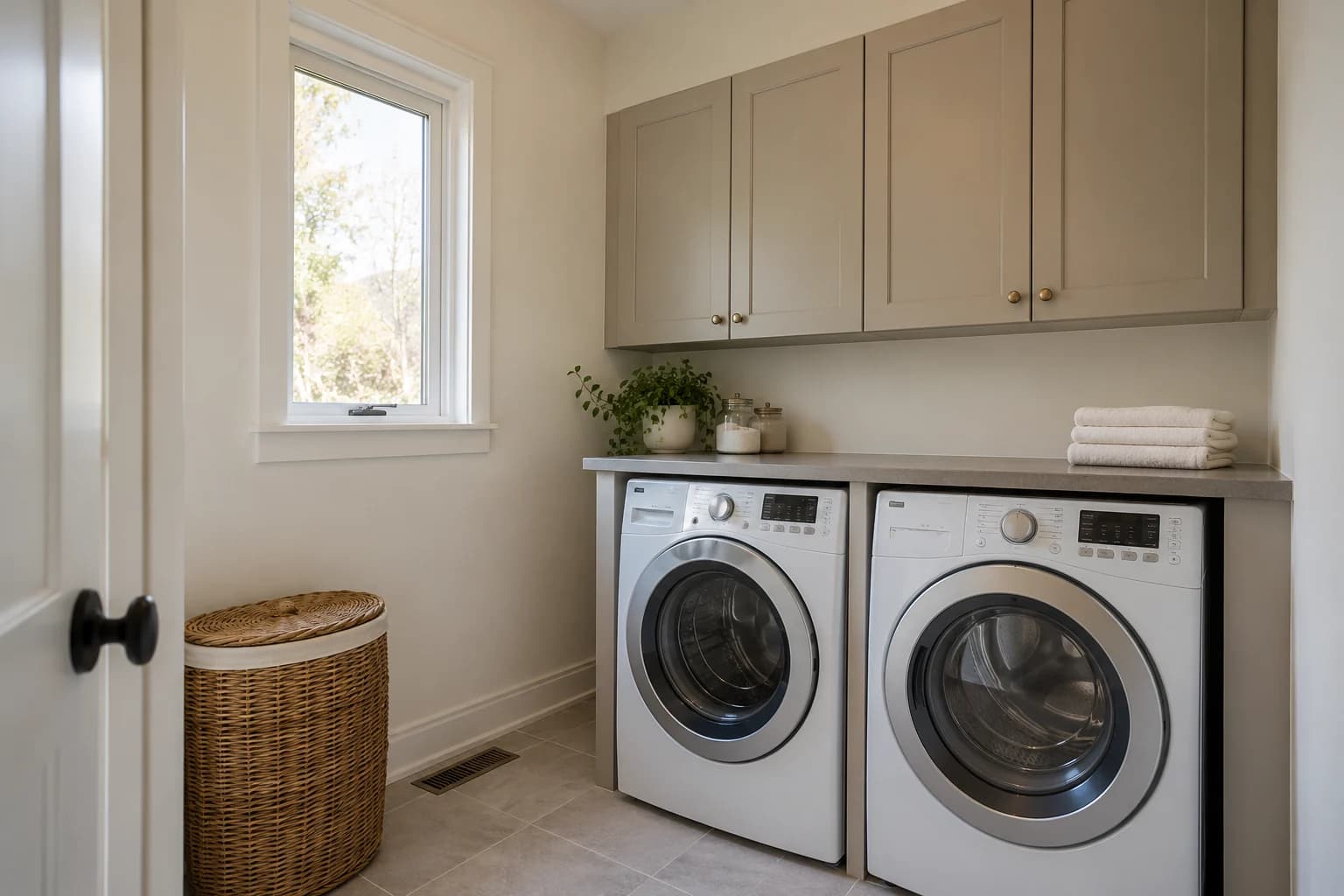 Soft putty cabinet fronts make a practical laundry room feel considered and calm.