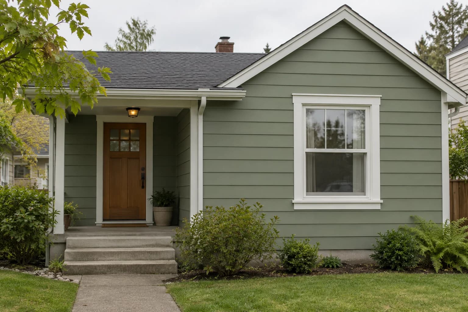 Muted sage siding brings colour to a modest exterior without overpowering the white trim.