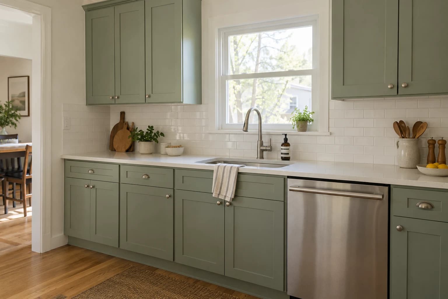 Kitchen with sage-green Shaker cabinets and a white tile backsplash