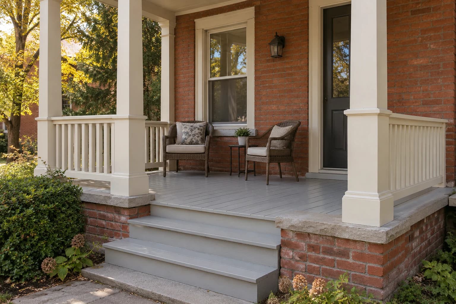 Light grey porch paint sits quietly beside cream trim and the texture of old brick.