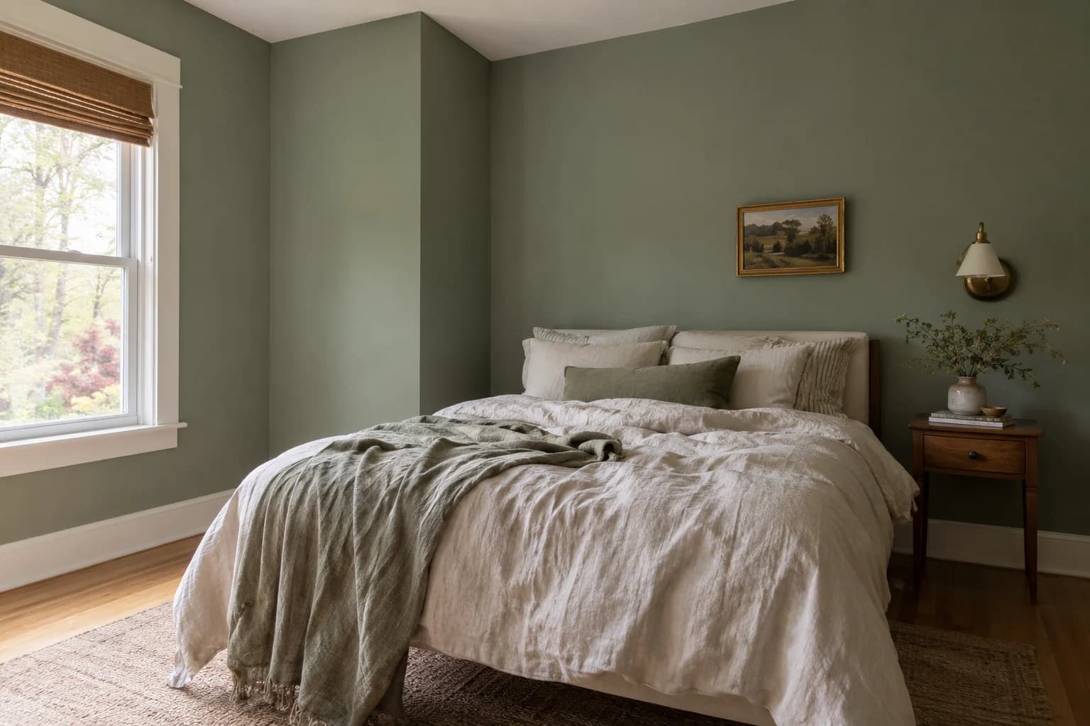 Dusty sage walls soften a simple bedroom; warm white trim keeps the window bright.