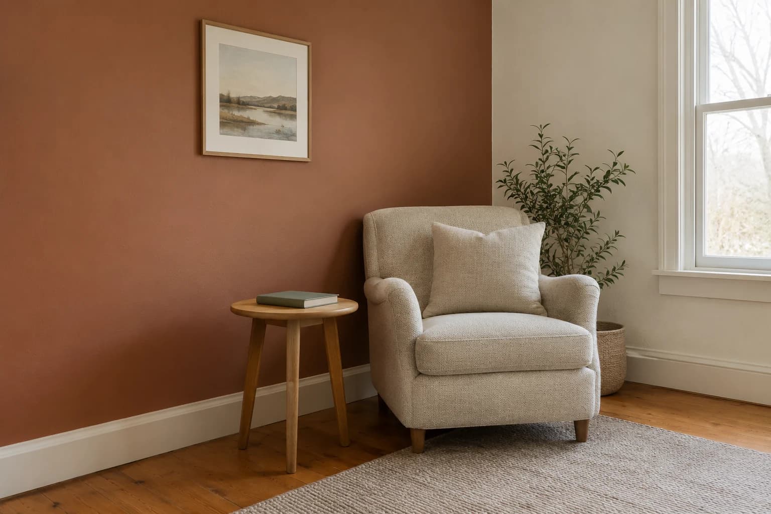 Muted clay paint adds warmth to a reading corner with natural wood and linen.