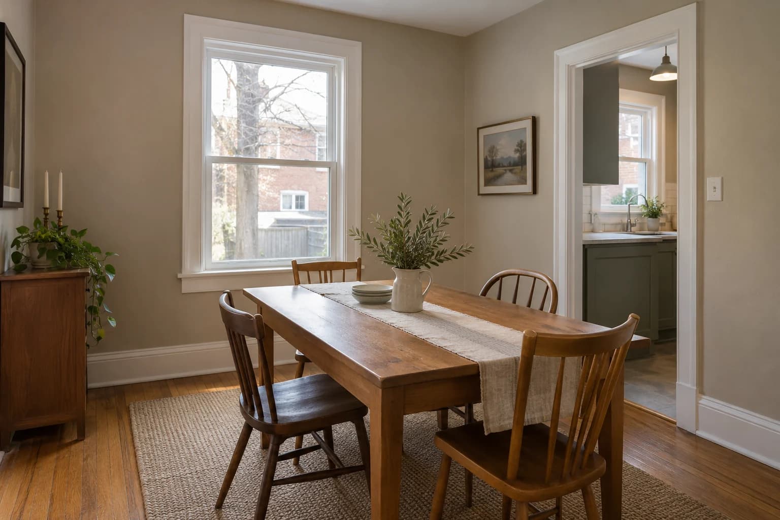 Greige walls connect oak furniture and white trim without making the room feel stark.