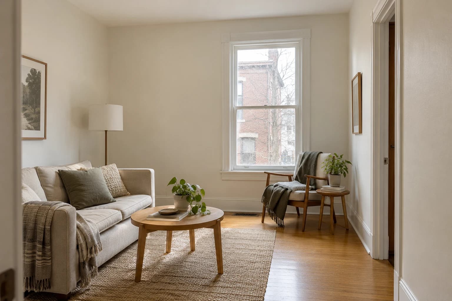 Living room with warm off-white walls, white window trim and oak flooring