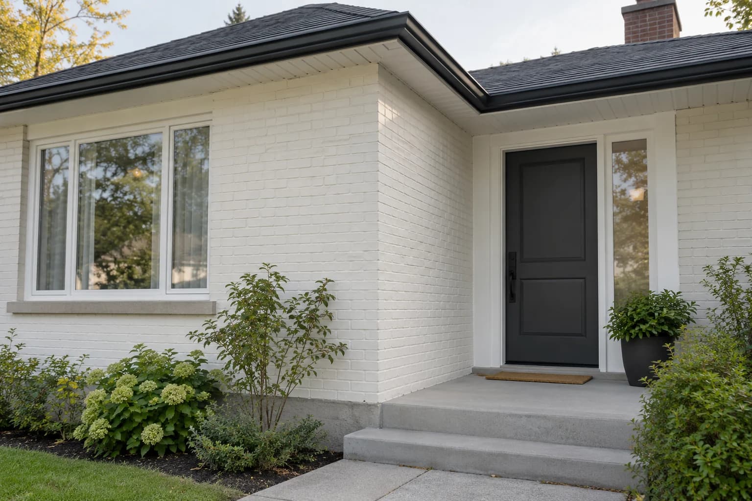 A warm white exterior palette lets the brick texture remain part of the look.