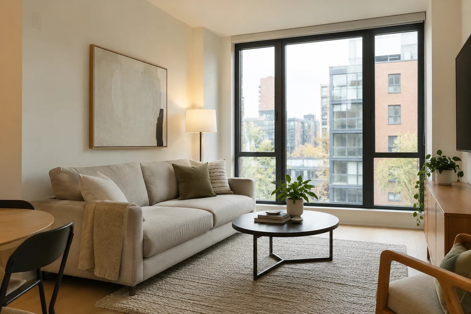 Warm white walls and pale flooring make a compact living area feel open and connected.