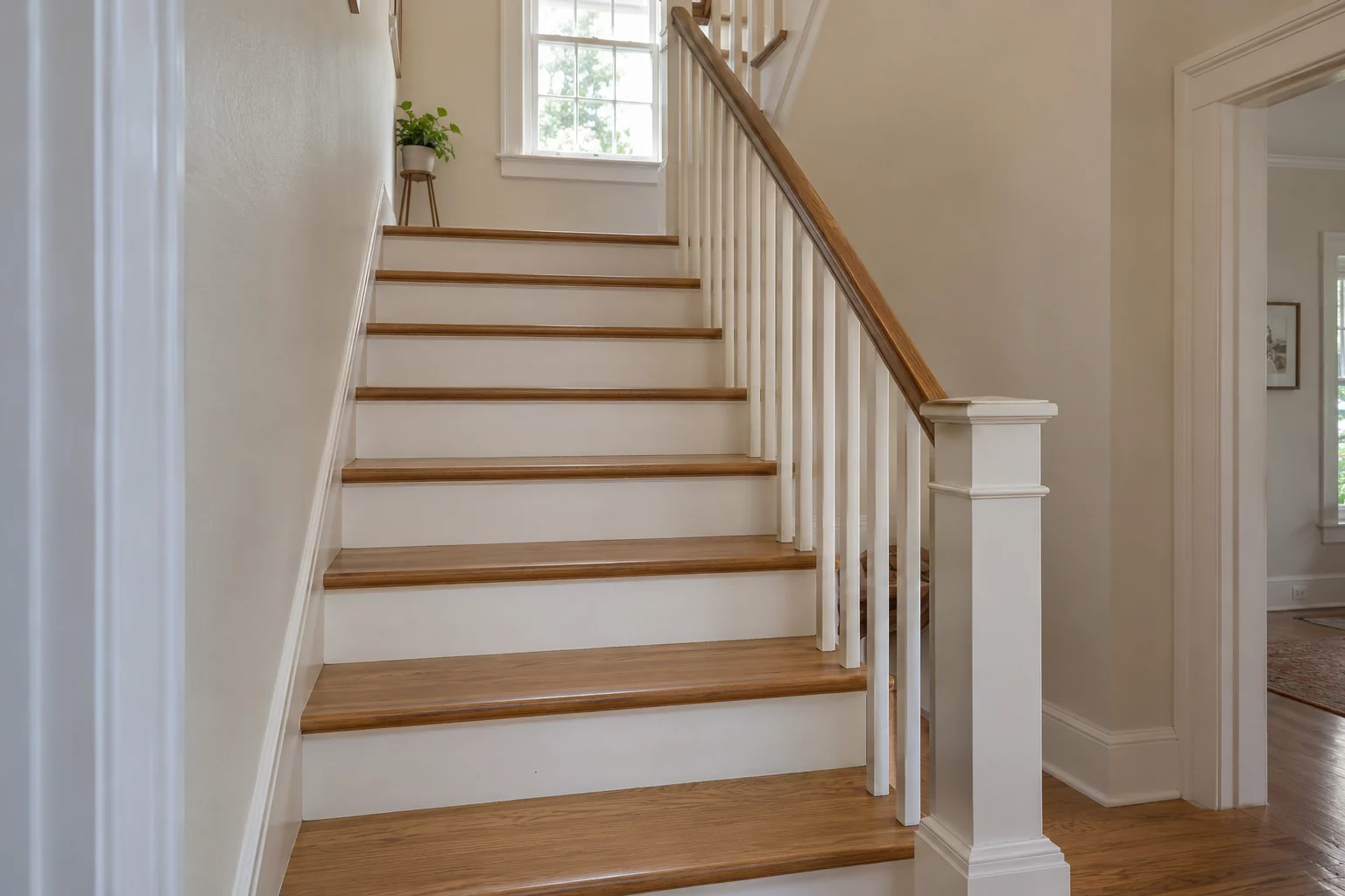 White-painted spindles and risers lift the staircase while oak treads keep their warmth.